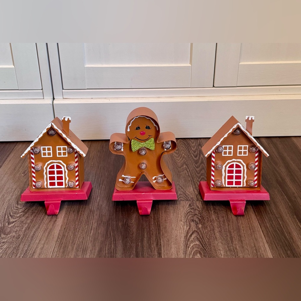 Christmas Glitz Home Set of 3 Gingerbread House and Man LED Stocking Holders